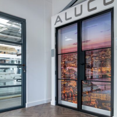 aluco black double interior doors in a kent aluco showroom